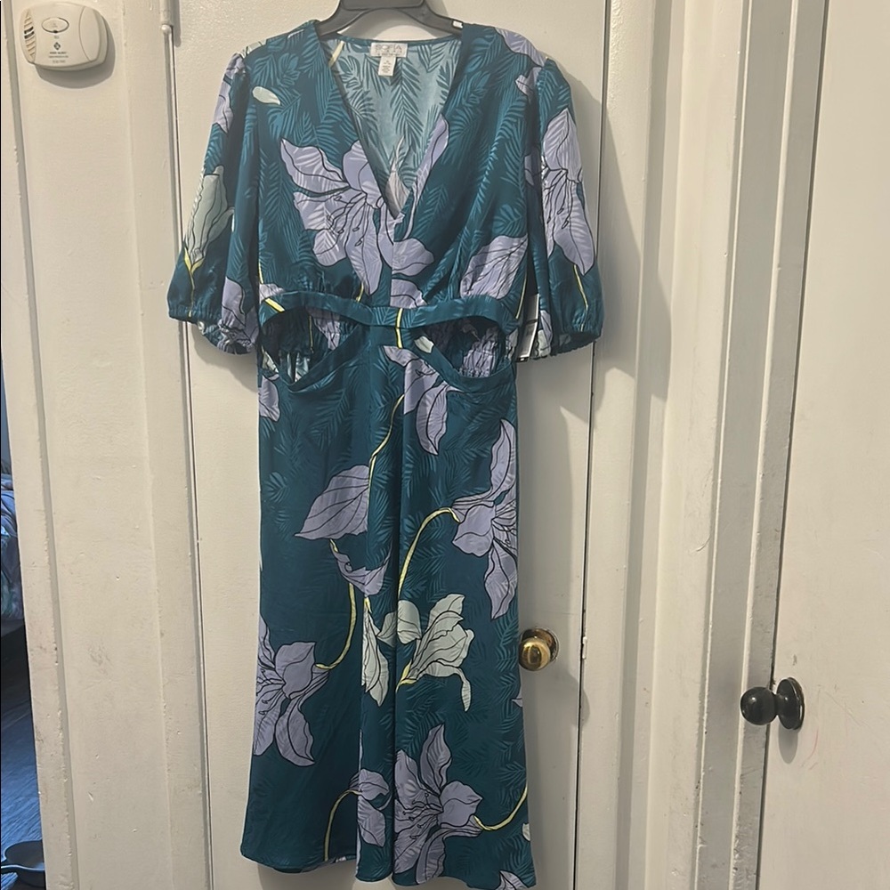 Sofia by Sofia Vergara Purple Puff Sleeve Wrap Midi Dress